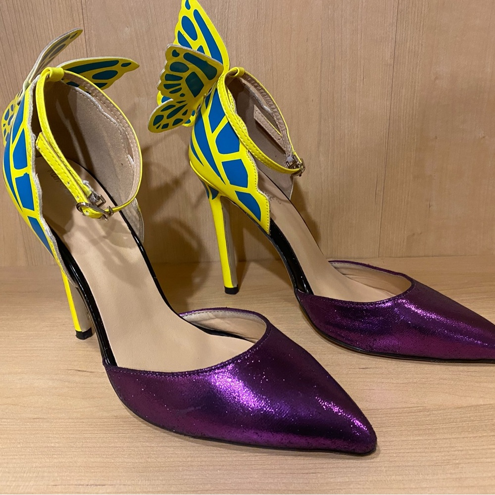Rainbow Cat purple yellow  butterfly ankle strap heels Size 8.5/39 So Cute!